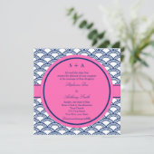 Monogram Royal Blue, Roze Seigaiha Wedding Kaart (Staand voorkant)