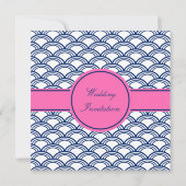 Monogram Royal Blue, Roze Seigaiha Wedding Kaart (Achterkant)