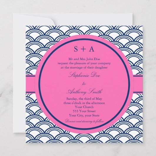Monogram Royal Blue, Roze Seigaiha Wedding Kaart (Voorkant)