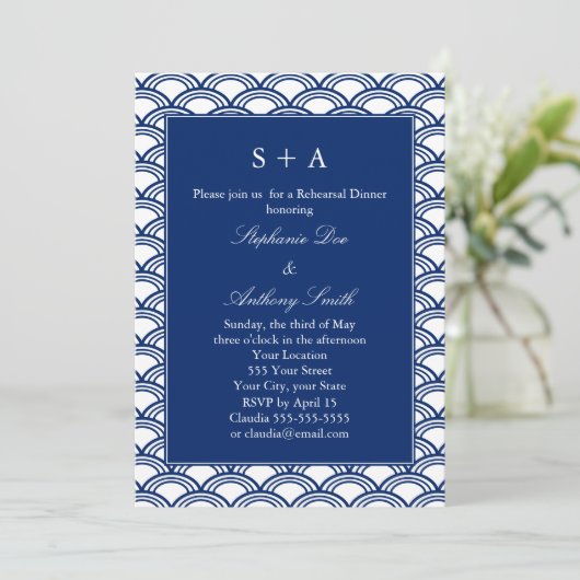 Monogram Royal Blue Seigaiha Pattern Rehearsal Kaart (Staand voorkant)