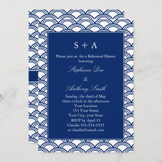 Monogram Royal Blue Seigaiha Pattern Rehearsal Kaart (Voorkant / Achterkant)