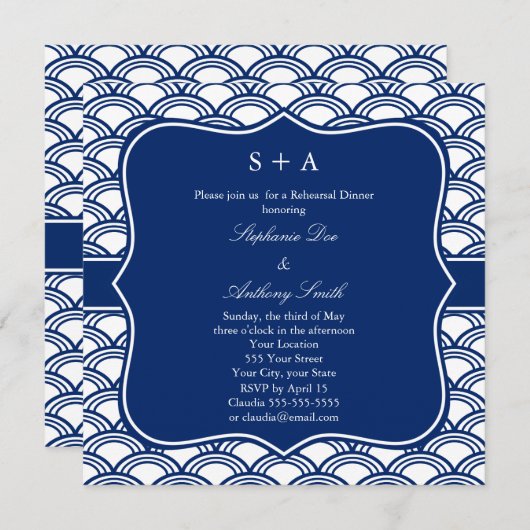 Monogram Royal Blue Seigaiha Pattern Rehearsal Kaart (Voorkant / Achterkant)