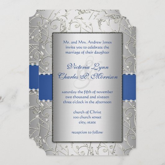 Monogram Royal Blue Silver Swirl Wedding Kaart (Voorkant / Achterkant)