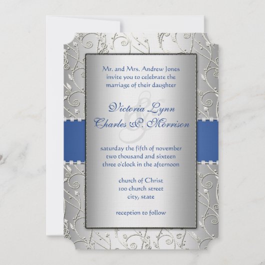 Monogram Royal Blue Silver Swirl Wedding Kaart (Voorkant)