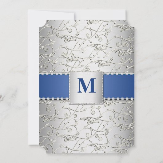 Monogram Royal Blue Silver Swirl Wedding Kaart (Achterkant)