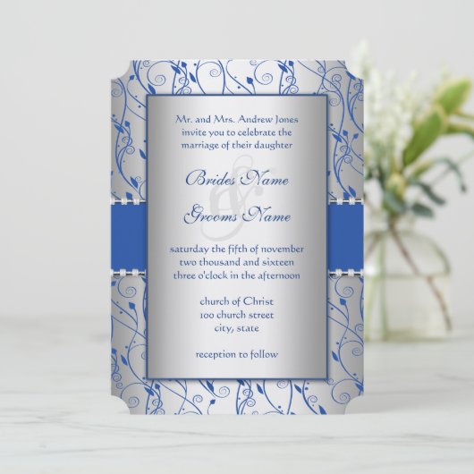 Monogram Royal Blue Silver Swirl Wedding Kaart (Staand voorkant)