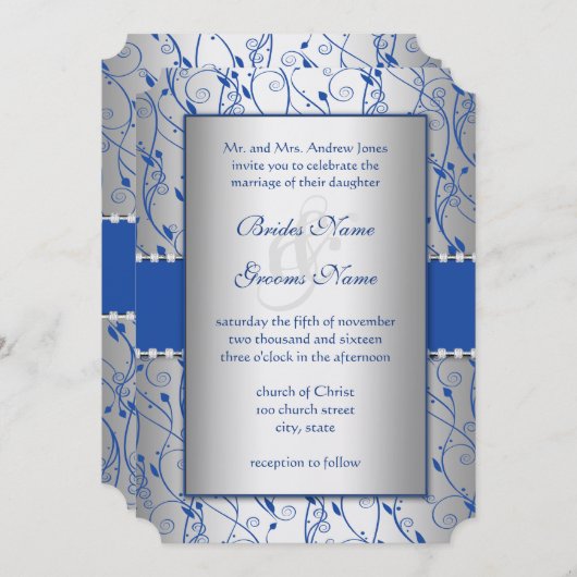 Monogram Royal Blue Silver Swirl Wedding Kaart (Voorkant / Achterkant)