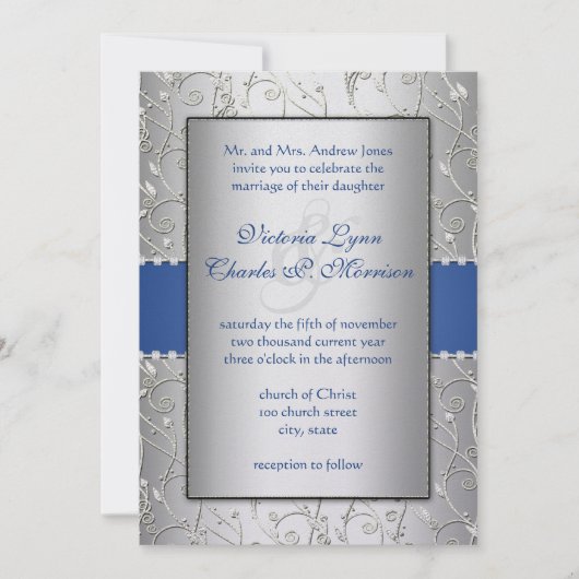 Monogram Royal Blue Silver Swirl Wedding Kaart (Voorkant)