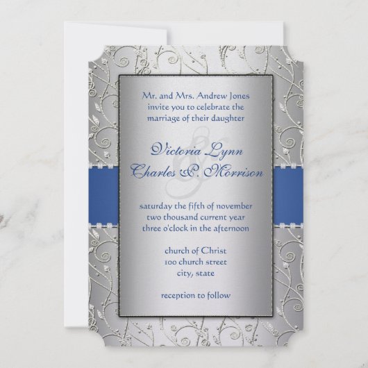 Monogram Royal Blue Silver Swirl Wedding Kaart (Voorkant)