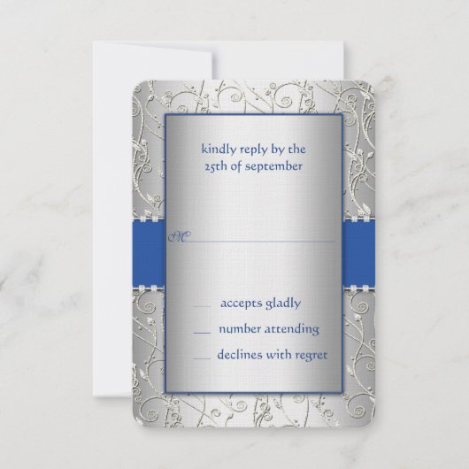 Monogram Royal Blue Silver Swirl Wedding RSVP Kaartje (Voorkant)