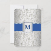 Monogram Royal Blue Silver Swirl Wedding RSVP Kaartje (Achterkant)