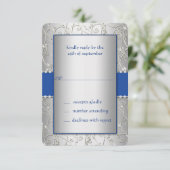 Monogram Royal Blue Silver Swirl Wedding RSVP Kaartje (Staand voorkant)