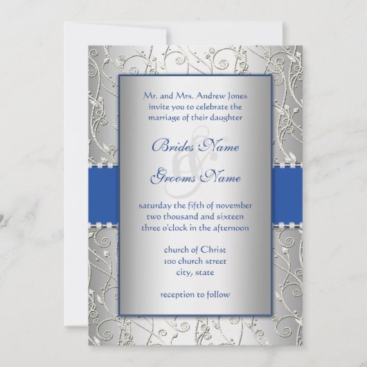 Monogram Royal Blue Silver Wedding Invitations Kaart (Voorkant)