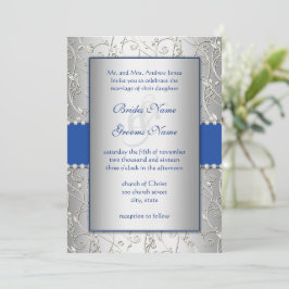 Monogram Royal Blue Silver Wedding Invitations Kaart