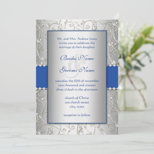 Monogram Royal Blue Silver Wedding Invitations Kaart (Staand voorkant)