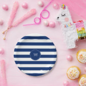 Monogram Royal Blue Striped Papieren Bordje (Feest)
