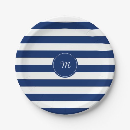 Monogram Royal Blue Striped Papieren Bordje (Voorkant)