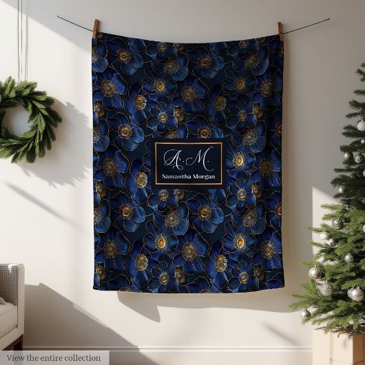 Monogram Royal Blue Throw Modern Gold Flowers Fleece Deken