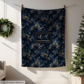 Monogram Royal Blue Throw Modern Gold Flowers Fleece Deken