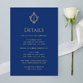 Monogram Royal Blue Trouwdetails Gouden Crest Informatiekaartje