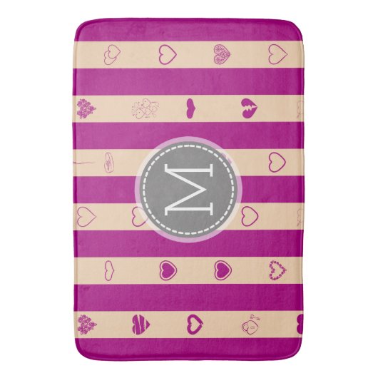 Monogram Royal Fuchsia Stripe Modern Heart Pattern Badmat (Voorkant Verticaal)