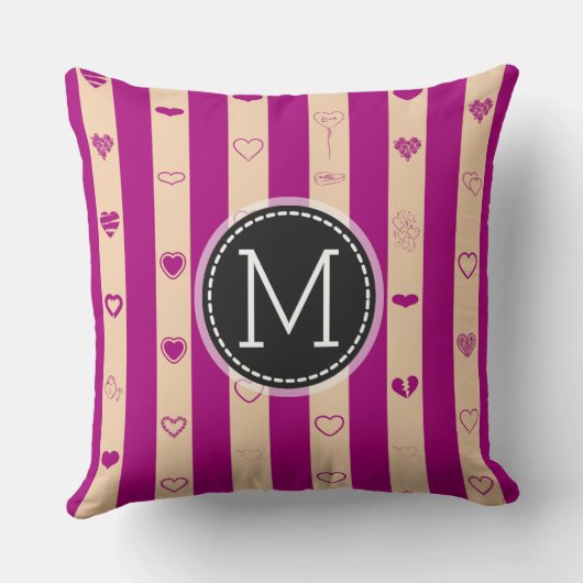 Monogram Royal Fuchsia Stripe Modern Heart Pattern Kussen (Achterkant)