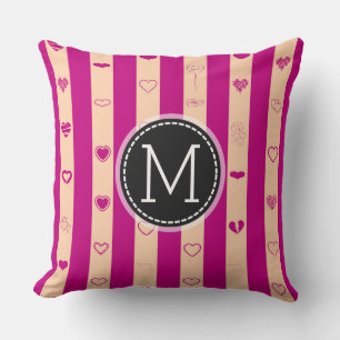 Monogram Royal Fuchsia Stripe Modern Heart Pattern Kussen