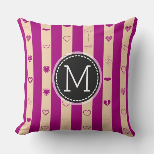 Monogram Royal Fuchsia Stripe Modern Heart Pattern Kussen (Voorkant)