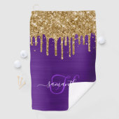 Monogram Royal Paarse Goud Dripping Glitter Golfhanddoek (Insitu)