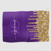 Monogram Royal Paarse Goud Dripping Glitter Golfhanddoek (Horizontaal)