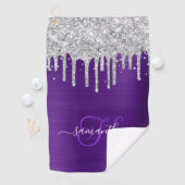 Monogram Royal Paarse zilveren druppelende glitter Golfhanddoek (Insitu)