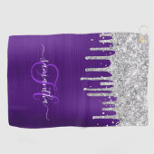 Monogram Royal Paarse zilveren druppelende glitter Golfhanddoek (Horizontaal)