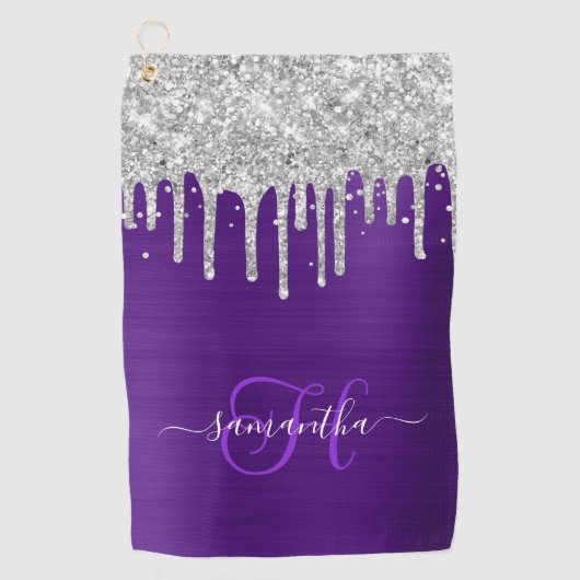 Monogram Royal Paarse zilveren druppelende glitter Golfhanddoek (Voorkant)