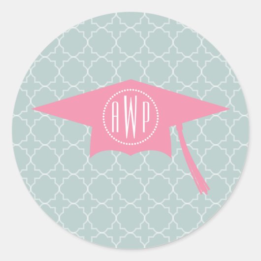 Monogram roze Afstuderen Pet + Quatrefoil Ronde Sticker (Voorkant)