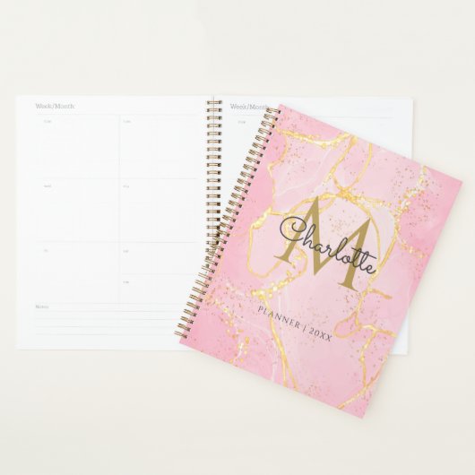 Monogram Roze Agaat Geode Gouden Script 2023 Planner (Display)