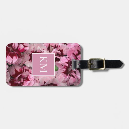Monogram Roze Anjer Januari Verjaardag Bloem Bagagelabel (Voorkant horizontaal)