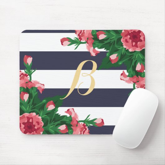 Monogram roze anjers en blauw stripper muismat (Met muis)