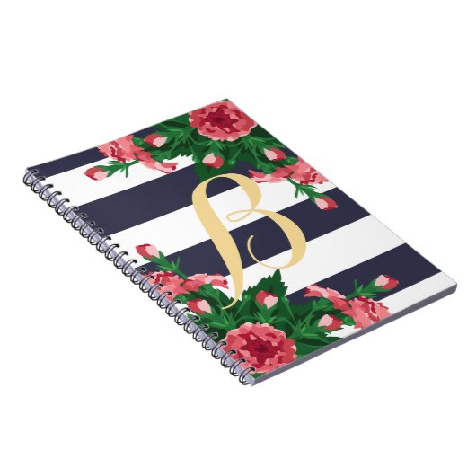 Monogram roze anjers en blauw stripper notitieboek (Rechterzijde)