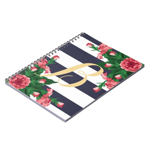 Monogram roze anjers en blauw stripper notitieboek (Linkerzijde)