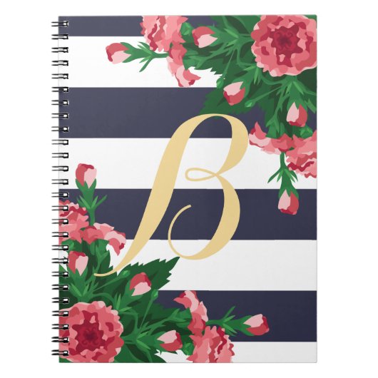 Monogram roze anjers en blauw stripper notitieboek (Voorkant)