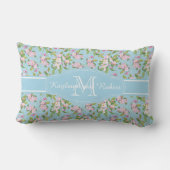 Monogram roze Apple Blossom op blauw Patroon Kussen (Achterkant)