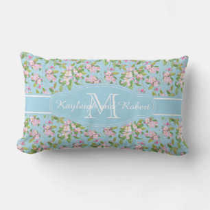 Monogram roze Apple Blossom op blauw Patroon Kussen