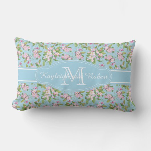 Monogram roze Apple Blossom op blauw Patroon Kussen (Voorkant)