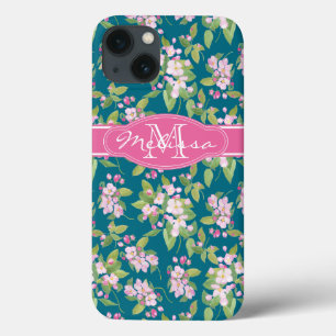 Monogram roze Apple Blossom op donkerblauw iPhone 13 Hoesje
