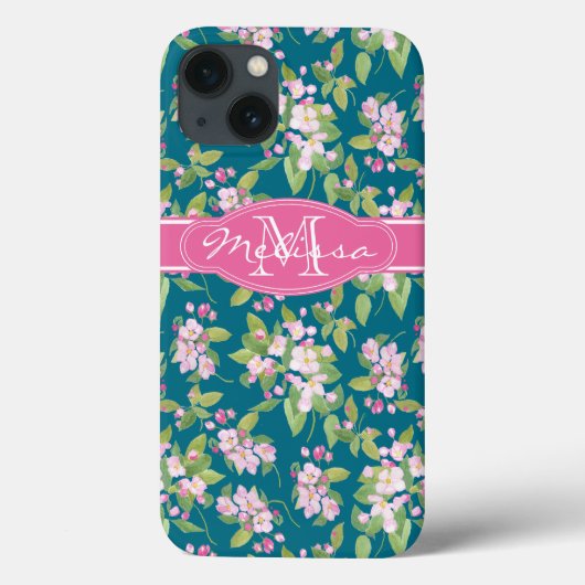 Monogram roze Apple Blossom op donkerblauw Case-Mate iPhone Case (Achterkant)