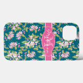 Monogram roze Apple Blossom op donkerblauw Case-Mate iPhone Case (Achterkant (horizontaal))