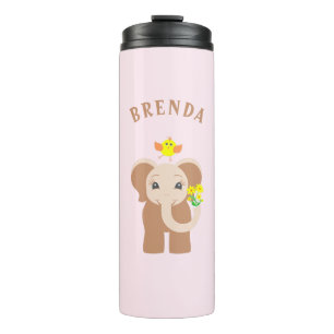 Monogram Roze Baby Elephant Bird Gellow Flower Thermosbeker