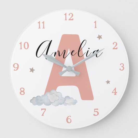 Monogram Roze Baby Initiaal Naam Kinderkamer Muur Grote Klok (Voorkant)