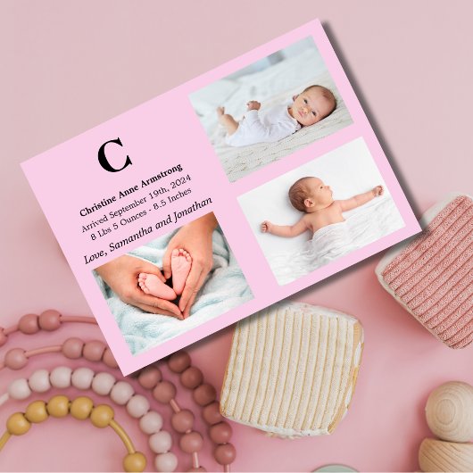 Monogram roze baby meisje geboorte aankondiging Ka