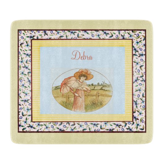 monogram roze blauw en geel meisje snijplank (Voorkant)